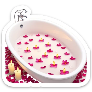 A white bathtub with warm water, with flower petals and scented candles, romantic lush warm colors sticker