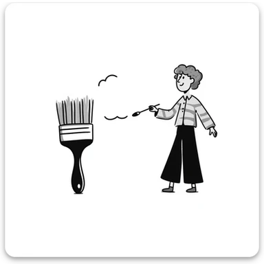 A paintbrush morphing into a metal human figure sculpture, representing artistic identity, with sculptural texture and dimension sticker