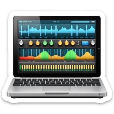 Close-up shot of a laptop screen clearly visible, showing a professional audio mixing interface focused on voice editing: audio level meters (VU meters) moving, voice waveform, volume faders, EQ panel, compressor, limiter, noise reduction, de-esser, gain controls sticker