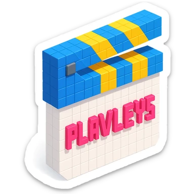 voxel style movie clapperboard, white body, blue and yellow lid, pink text 'PLAVLEYS', isometric view sticker
