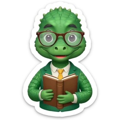 A claymation-style academic alligator. The background is a solid white circle sticker