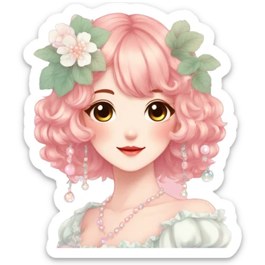 Gorgeous anime style lady with blushing face and accessories cottagecore fairycore Kawaii anime colorful pearly romantic aesthetic trending style sticker
