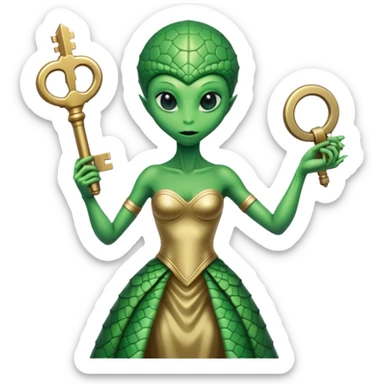a reptilian alien woman green , in gold dress, hold a big key, full figure sticker
