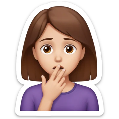 Girl brown hair hearing shooking news looks concerned and scared holds her hand in front of her mouth  sticker