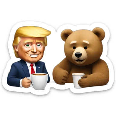 Trump caricature and a Ted Bear as radio talkshow hosts having coffee sticker