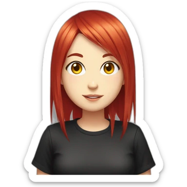 (gril) makima from the manga chainsawman with red hair fringe, yellow eyes with a circle inside and a black shirt sticker