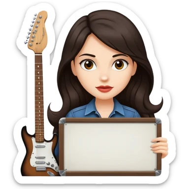 Fair skin long dark brown hair Rock n roll chick holding a large blank sign sticker
