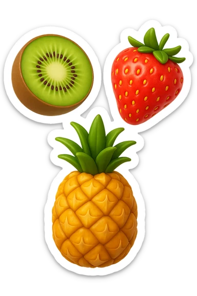 emoji stile iphone 3d di kiwi, fragole, ananas
 che fluttuano in aria, iperealistico 4k sticker