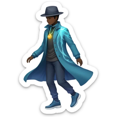 Male silhouette with flowing energy aura around it and small style elements like hat, jacket and shoes orbiting around, ethereal masculine style inspiration sticker