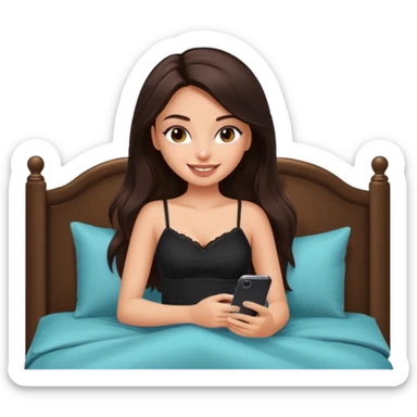 generate a pretty fair bratz girl with long dark brown hair using her phone in bed, smiling . Wearing a black cami sticker