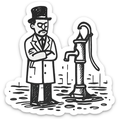 A victorian doctor with a street water pump in a dirty street sticker