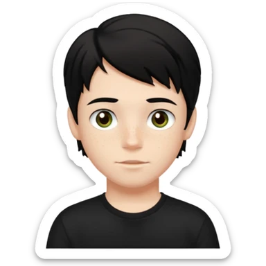 A boy with dark black hair and hazel green and brown eyes and white skin , with freckles and black t shirt with middle part hair hair with a center part sticker