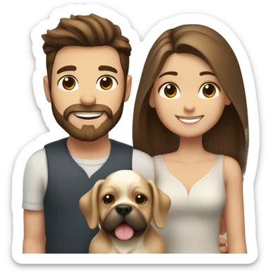 Brunette happy couple boy with beard and girl  with long hair with one cute beige French bull dog  sticker