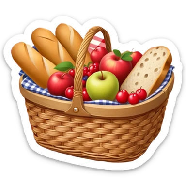 picnic basket with fruit and bread on a checkered blanket sticker