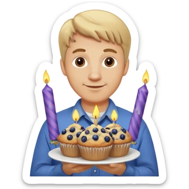 It is my friend virginias birthday. Create emoji with me saying happy birthday Virginia while holding blueberry muffins with birthday candles in them! I am a white man make the emoji with dirty blonde hair. Have a banner that says happy birthday  sticker