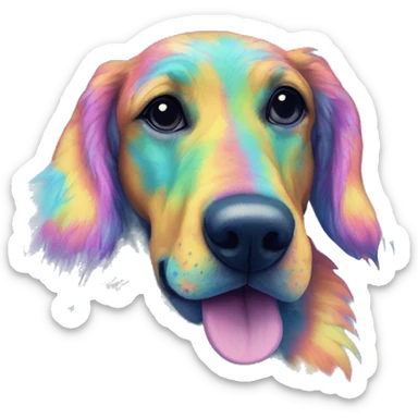 Multicolored rainbow retro groovy tie dye hippie trippy floral patterns on a metallic holographic iridescent blue dog face head unicorn sticker