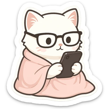 Cat meme, a white cat wrapped in a blanket, wearing glasses, holding a mobile phone in both hands, looking at the phone sticker