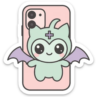 Remove any purse or purse-matching elements. Focus only on a white and black gothic kawaii phone case with big eyes, smiling, playful, cartoonish style, and gothic symbols. No purse references. No background. sticker