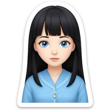 Uma mulher, pele branca, cabelos longos liso preto, franja estilo hime cute, olhos no tom azul celeste, estilo amendoados, cílios delicados longos, usando roupas elegantes sticker