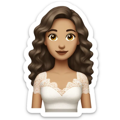 Adult woman with brown eyes, light tanned skin, long wavy dark brown hair, wearing a white lace dress sticker