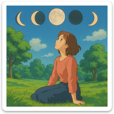 ghibli style illustration of a woman sitting on the grass in a park, looking up, surrounded by the moons of the 4 phases sticker