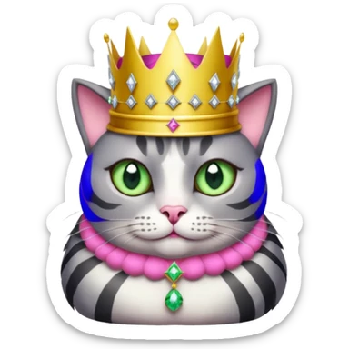 Gatito gris oscura con rayas negras ojos verdes vestida de reina con coronas y diamantes, más peluda y gordita  sticker