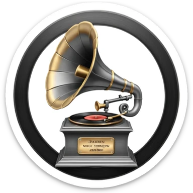 A dark metal platinum music award plaque The center features a relief of a vintage gramophone or stylized vinyl record in a slightly darker metallic tone sticker
