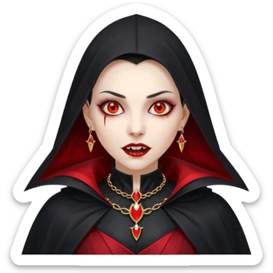 vampire village woman portrait, head and shoulders only, dark gothic cloak collar, sharp fangs, red glowing eyes, elegant yet eerie expression, subtle jewelry, 3D cartoon, mobile game icon style, clean background, no text, no watermark sticker