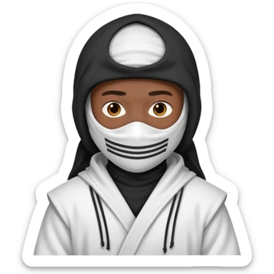 All white ninja robe with white ski mask to cover face and neck with a hoodie on and dark brown skin color sticker