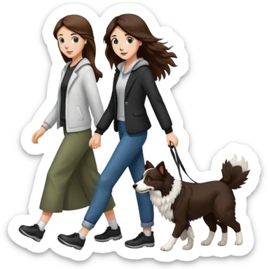 A beautiful girl with long brown hair walks a black and white Border Collie sticker