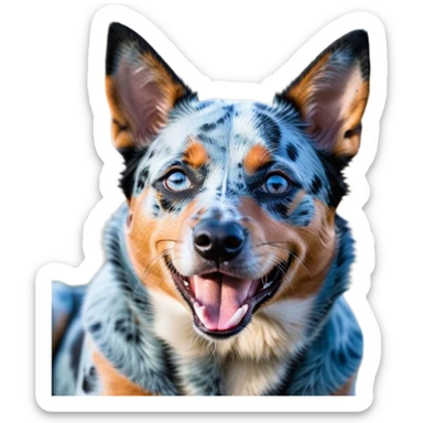 Cinematic Cute Yawning Blue Speckle Australian Cattle Dog Portrait Emoji, Head tilted slightly with a dramatic, wide-open yawn, showcasing a sleek blue speckle Fur with distinct markings, floppy ears slightly drooping, round blue eyes barely open in drowsy contentment, Simplified yet irresistibly adorable features, highly detailed, glowing with a soft, cozy glow, high shine, relaxed yet expressive, stylized with a touch of whimsy, bright and endearing, soft glowing outline, capturing the essence of a sleepy yet affectionate herder, so drowsy it feels like it could stretch out of the screen and curl up for a nap! sticker