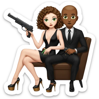 Sensual woman green eyes woman only brown long curly hair evil,with 7 inch platform stripper high heels long low cut black dress,and a gun, she is sitting on a buzz cut hair brown man's pimp lap, holdingwomans butt man is wearing a black suit sticker