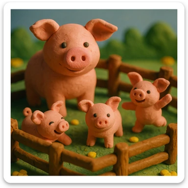 claymation style pig family in a wooden pen, piglets playing, colorful and cheerful sticker