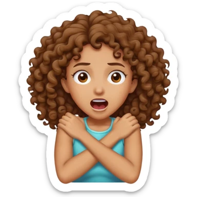 Brown curly Girl with crossed arms grabbing her neck screaming  sticker