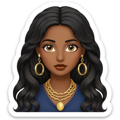 Attractive middle eastern woman with a wide face, baddie look, dark skin, Long wavy black hair and gold hoop earrings sticker