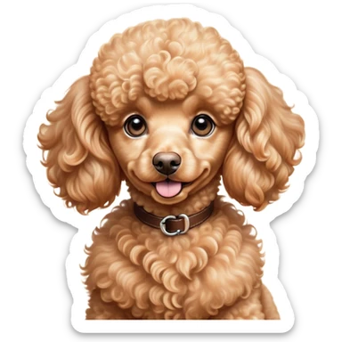 Cinematic Cute Apricot Poodle Portrait Emoji, Head tilted playfully and inquisitively, showcasing a bouncy, curly apricot Fur with a luminous sheen, round, sparkling warm eyes filled with curiosity, Simplified yet irresistibly adorable features, highly detailed, glowing with a warm, friendly glow, high shine, affectionate and lively, stylized with a touch of whimsy, bright and endearing, soft glowing outline, capturing the essence of a mischievous yet loving companion, so playful it feels like it could bounce out of the screen and into your arms! sticker