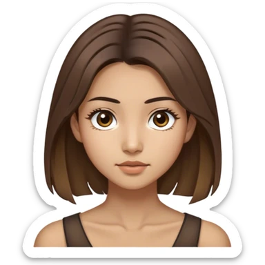 A thin girl with Mongolian roots, shoulder-length brown hair with two distinctly light strands framing her face, large slightly slanted dark brown eyes, olive skin, and light brown, not narrow eyebrows sticker