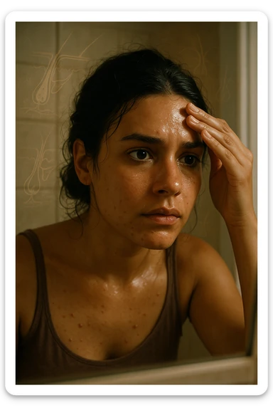 A realistic, cinematic portrait of a young woman in her late 20s with medium skin tone, sitting in front of a mirror in a softly lit bathroom. Her facial skin appears oily with a noticeable shine on her forehead, nose, and cheeks due to overactive sebaceous glands caused by PCOS. Small acne spots are visible along her jawline and chin, highlighting hormonal imbalance. She gently touches her forehead with her fingertips, checking the oiliness with a slightly concerned expression. Her dark hair is tied loosely, showing a few strands sticking to the sides of her face because of excess sebum. Subtle overlays of scientific diagrams of sebaceous glands can be softly blended into the background, symbolizing the overproduction of sebum. The atmosphere is clean and realistic, with warm daylight tones and a soft depth of field, ensuring emotional connection while maintaining medical educational value. 35mm film style, highly detailed skin texture and reflections on the oily areas for a hyperrealistic effect in italiano sticker