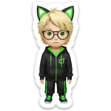 Light blond, slightly messy hair
Black glasses
A black hoodie with cat ears
Neon green details on the jacket and pants (glowing lines and stripes)
An overall hacker / cyberpunk style look
A neutral facial expression (boy )eyes brown) the hood with ears BROWN EYE BROWN EYE sticker
