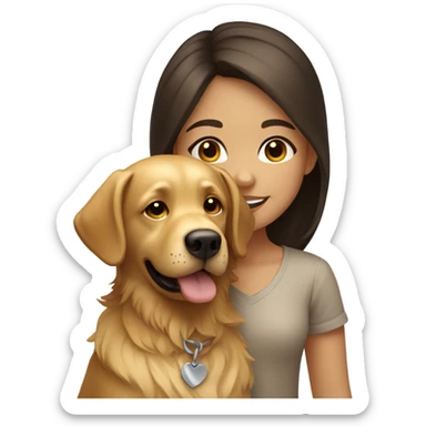 Smiling girl with long dark brown hair and a small shaggy golden Labrador dog with brown eyes sticker