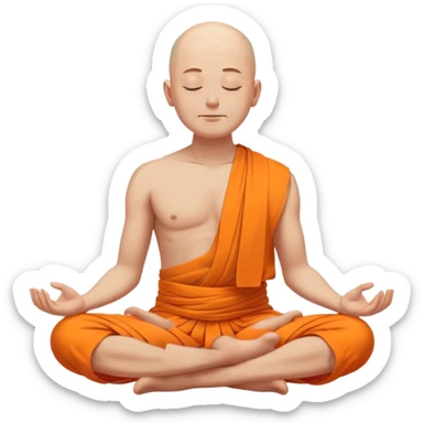 poore enlightened men meditating closed eyes, bold head bare torso, orange dhiti cover legs, poore sticker