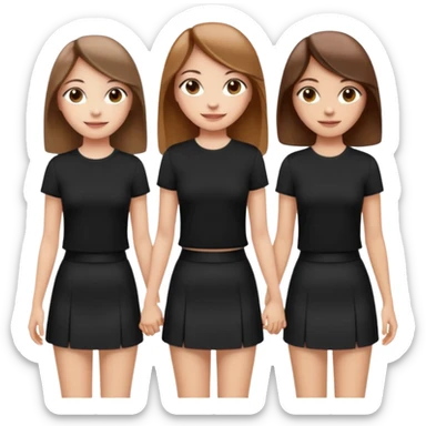 emoji of a girl with long, straight light brown hair, fair skin, soft brown eyes. Wearing a stylish black top and mini skirt. Full-height, standing confidently with shoulders back, head up, smiling proudly. Surrounded by 3 women next to her, holding hands. women have different eye color sticker