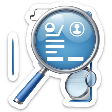 create a realistic emoji showing a logistic contract with a magnifying glass with color blue and white glassy style no gold, only gray and blue shadow sticker