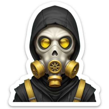 skeleton wearing a gas mask portrait, head and shoulders only, dark hood, glowing eyes inside mask, post-apocalyptic vibe, 3D cartoon, mobile game icon style, clean background, no text, no watermark
 sticker