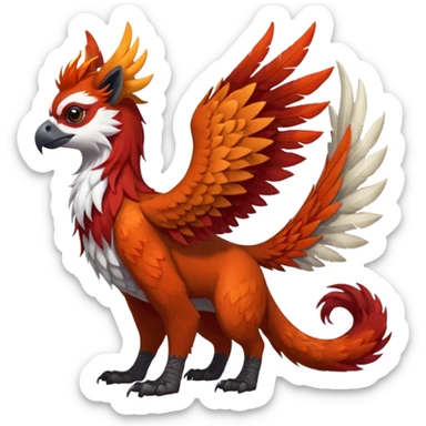 4-legged realistic digitigrade scaly winged long-big-beaked Gryphon-Griffin-Griffsnuff-Talonflame-Silvally-Braviary-Red-Panda-fusion-hybrid-animal-Fakémon-creature, full body, with a long thin tufted lion-tail, long big tufted winged feathery ears sticker