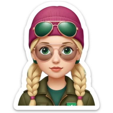 girl with pigtailed blond hair
with blue eyes
and aviator sunglasses
wearing beanie
wearing (rose gold apple watch with forest green band) sticker