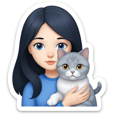 A girl with long black hair is holding a blue and white British shorthair sticker