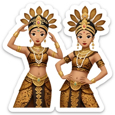 ​Cinematic Realistic Traditional Javanese Dancers, depicted as two graceful dancers in ornate traditional costumes with intricate batik patterns and elaborate headpieces, captured in dynamic poses during a ritual dance in an ancient temple courtyard, rendered with soft golden lighting and rich cultural textures, sticker