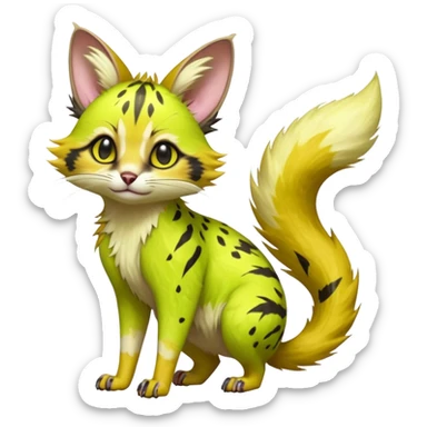 Hyper realistic  toxic citrus chartreuse fur splashed in acid-yellow graffiti streaks beautiful elegant pretty precious cute  Fakémon-Pokémon-opossum-feline-serval-caracal-chinchilla-Furret-Minccino-hybrid-creature with a big fluffy bushy tail (full body) sticker