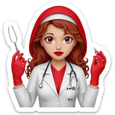 Lilith scalpel in hand, evil surgeon sexy surgeon clothes.  She has red eyes. She brown long curly hair. Wears sexy doctor outfit with red gloves. Wears red burka to hide her mouth and nose sticker